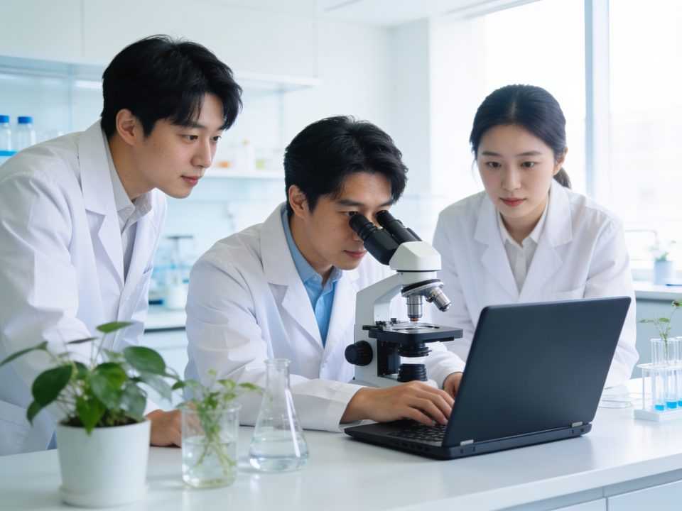 밝은 실험실에서 현미경과 자료를 함께 확인하는 연구진